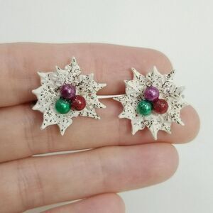 Vintage White Glitter and Colorful Beads Clip On Earrings, Retro 60s Style